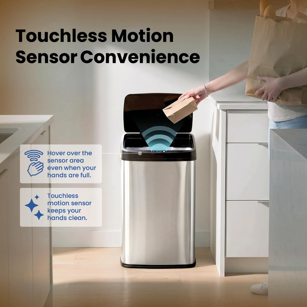 13 Gallon Automatic Trash Can, 50L Touchless Motion Sensor Garbage Can with Odor-Sealing Lid, Rectangular Stainless