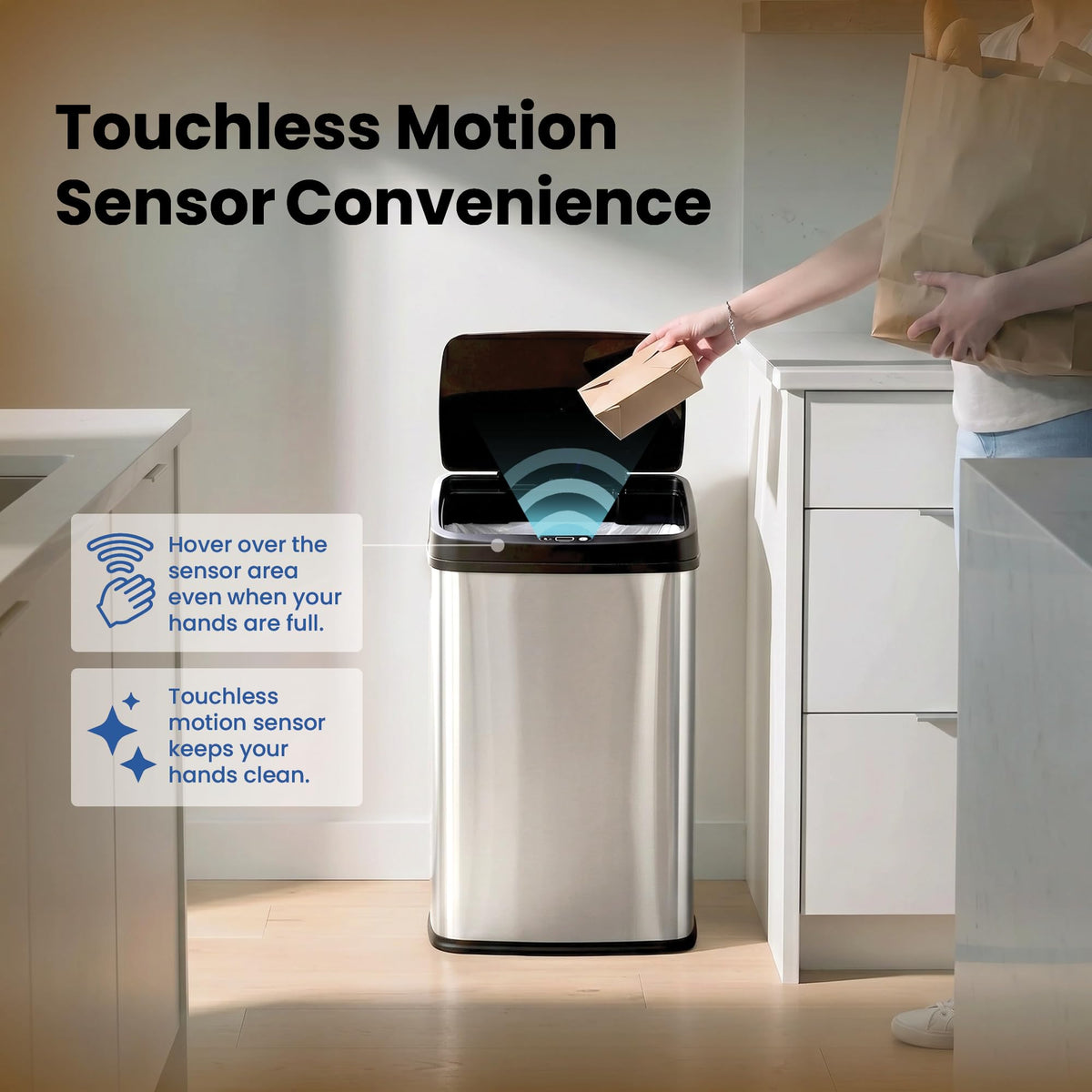 13 Gallon Automatic Trash Can, 50L Touchless Motion Sensor Garbage Can with Odor-Sealing Lid, Rectangular Stainless