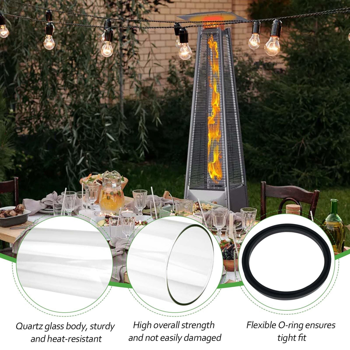 Patio Heater Glass Tube Replacement,49.5" Tall 4" Diameter with Silicone Connecting Ring Compatible with Four-Sided