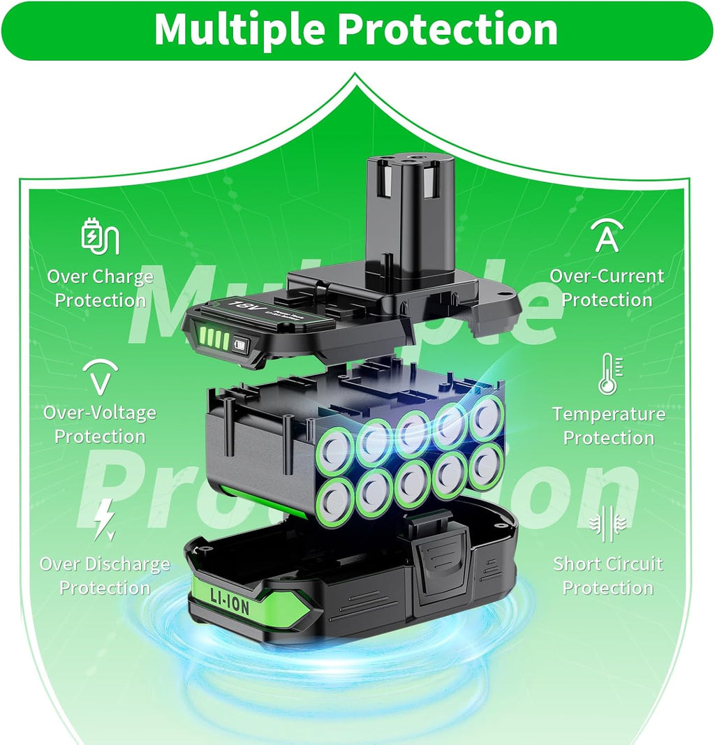 2 Pack 4.0Ah 18V Replacement for Ryobi 18V Battery and Charger Combo Compatible with Ryobi ONE+ 18 Volt Battery P108 P102 P103 P104 P105 P107 P109 P122 Cordless Power Tools