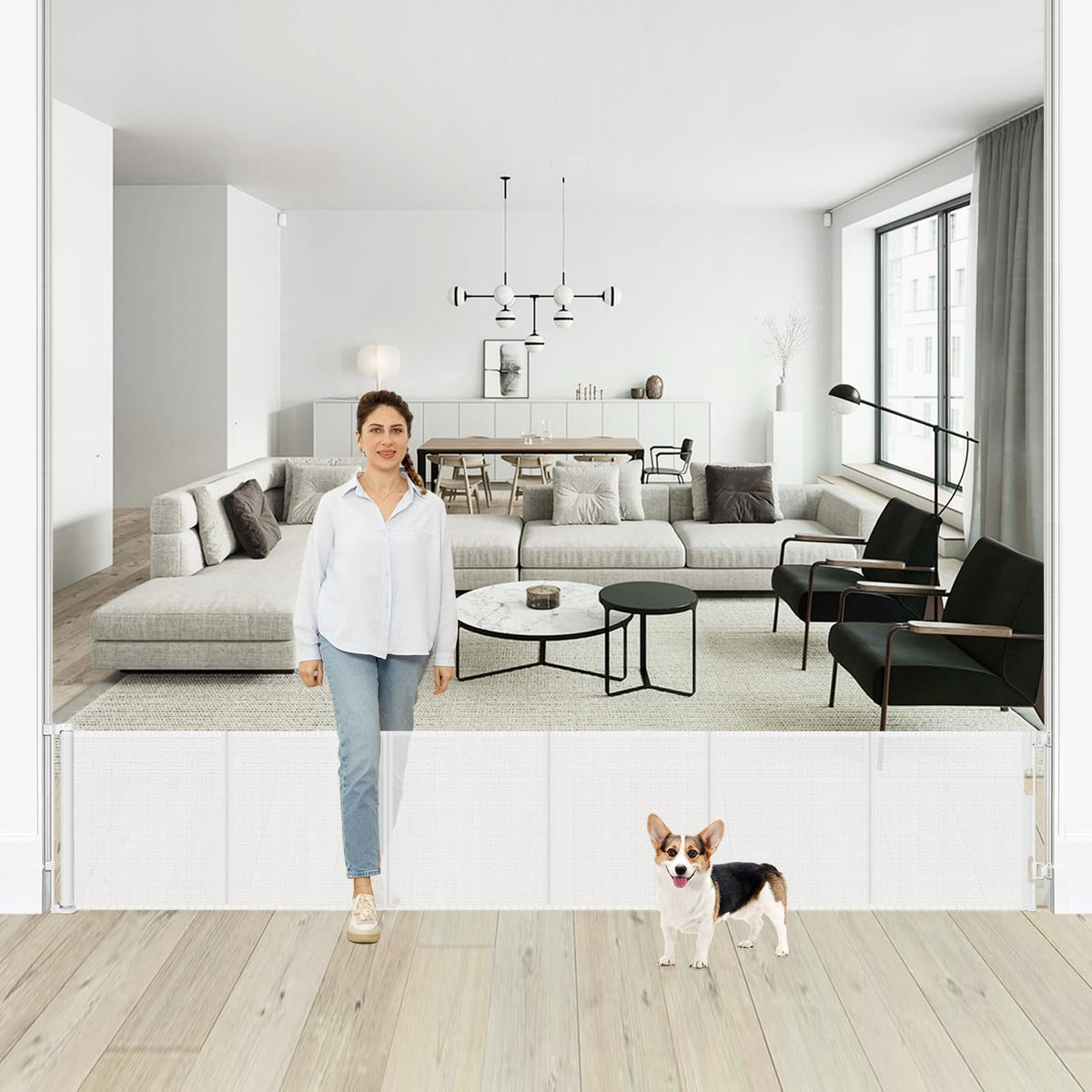 24" Tall x 150" Extra-Wide Retractable Indoor Mesh Pet & Child Safety Gate with One-Hand Safety Lock for Wide Openings, Patios & Stairways