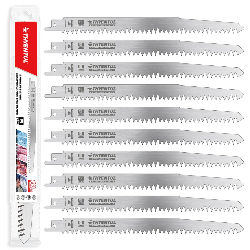 10 Pack 9 Inch Stainless Steel Reciprocating Saw Blades, 5 TPI Uncoated Sawzall Blades for Frozen Meat, Fish & Bone, Fleam Ground Teeth, Universal Fit
