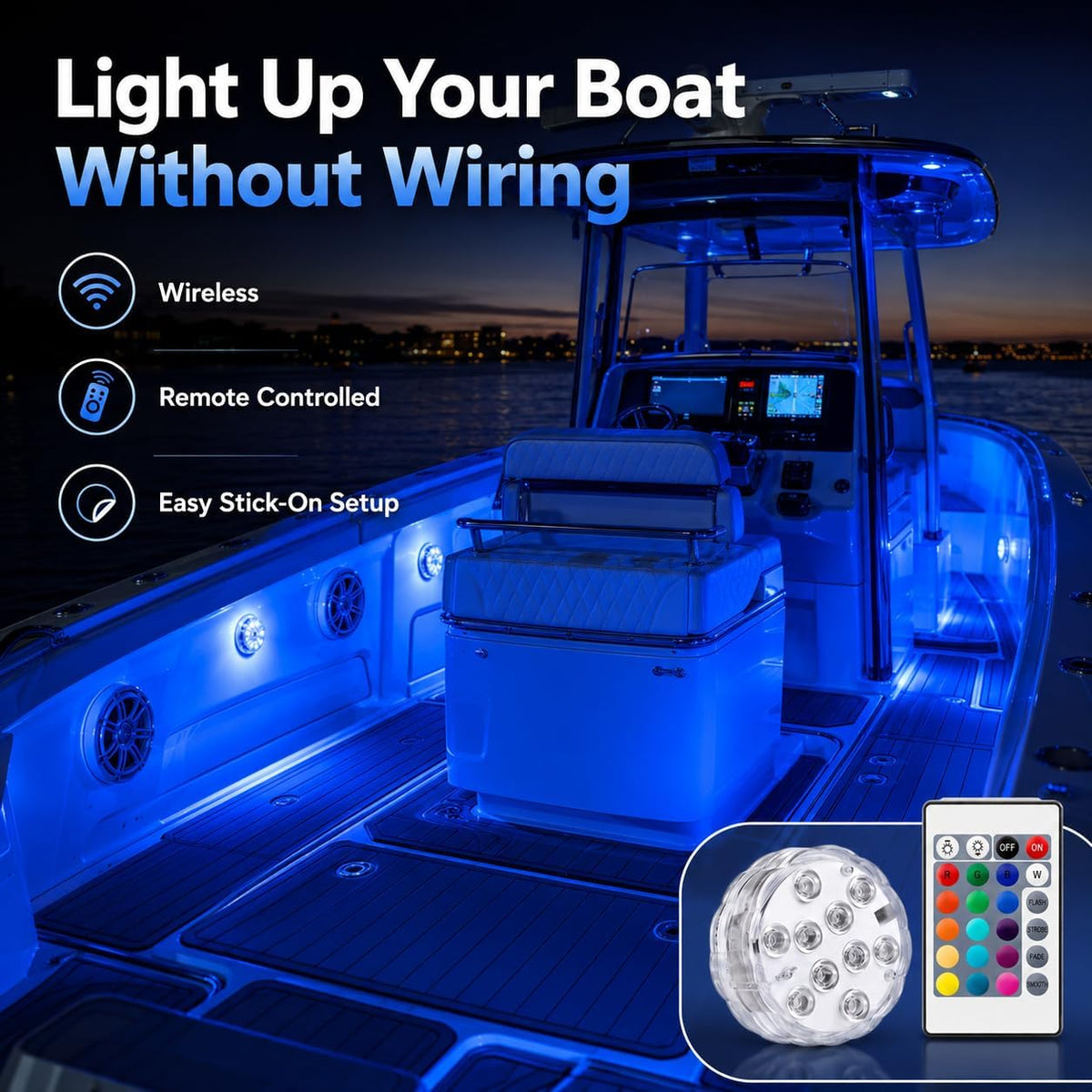 Seaponer Boat Lights Wireless Battery Operated, Waterproof Marine Led Light for Deck Light Courtesy Interior Lights, for Fishing Kayak Duck Jon Bass Boat, RGB Multi Color Remote Controlled, 8pcs