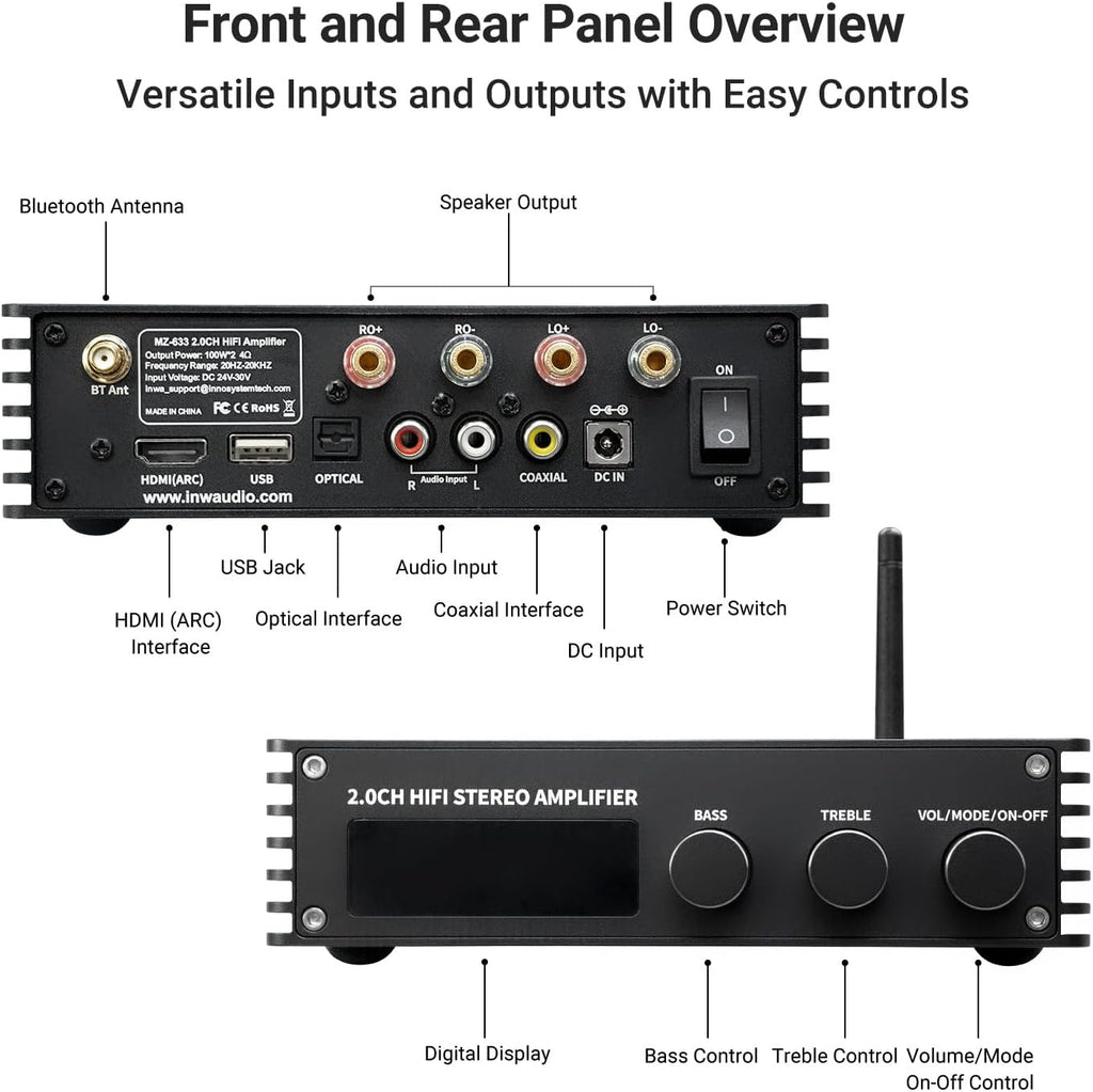 Bluetooth Audio Stereo Amplifier, 200W Dual Channel Mini Hi-Fi Stereo Receiver, 2.0CH Power Amp w/HDMI(ARC), Opt