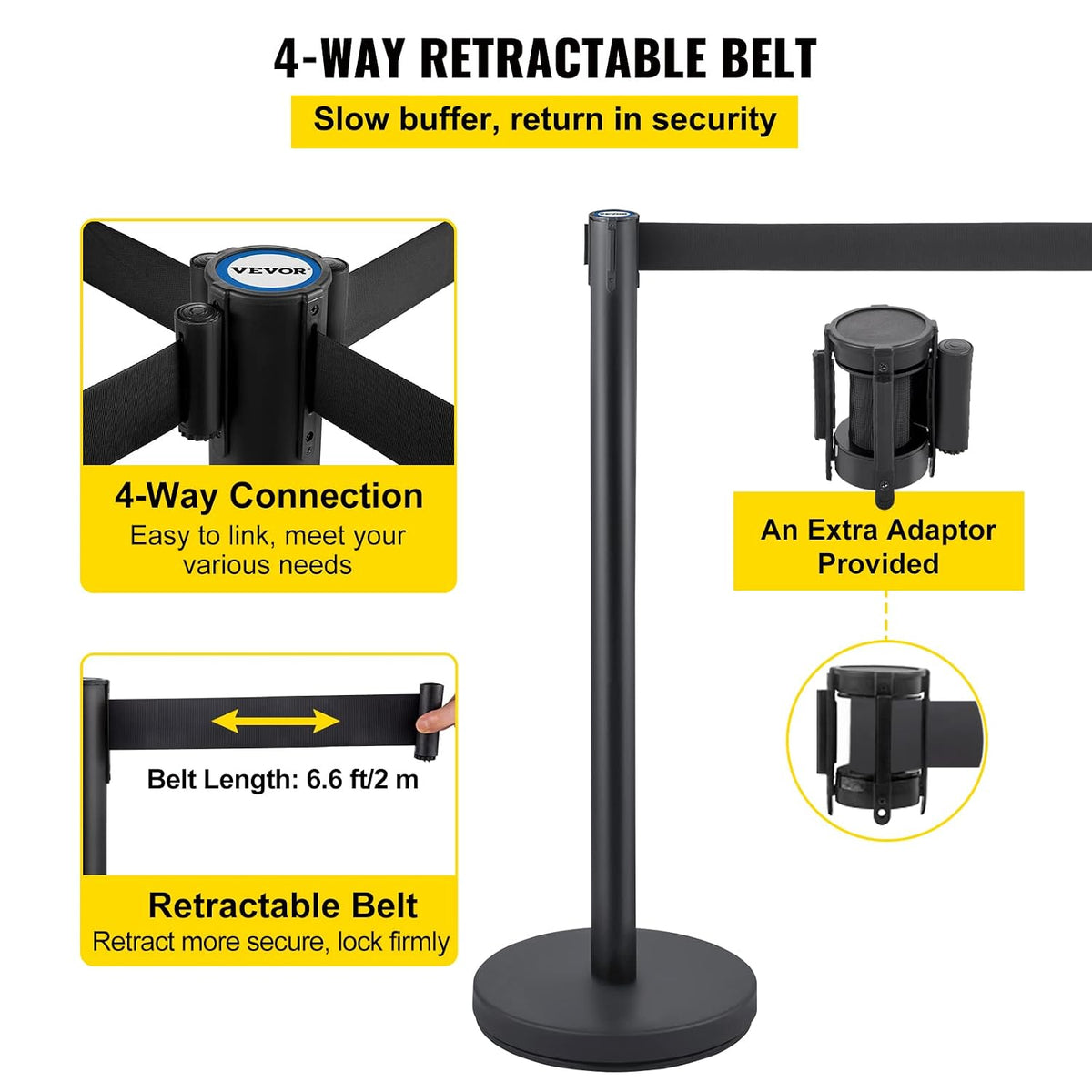 Crowd Control Stanchion Set, Stanchion Set with 6.6 ft/2 m Black Retractable Belt, Black Crowd Control Barrier