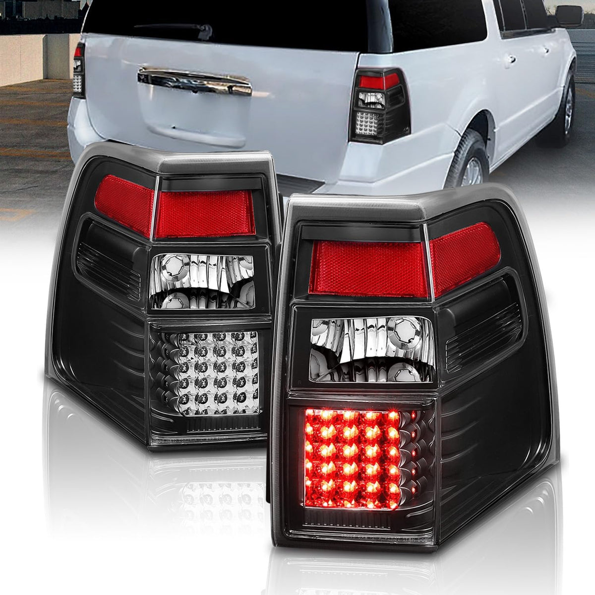 AmeriLite Black LED Replacement Brake Tail Lights Set For 2007-2017 Ford Expedition - Passenger and Driver Side