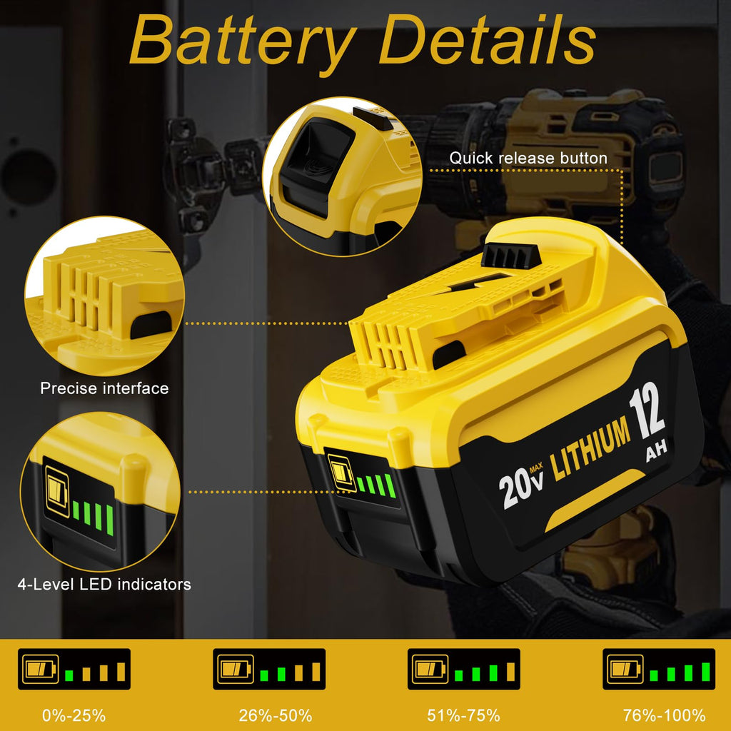4PC 12.0Ah Extended Runtime Replacement for Dewalt 20V Battery and Charger