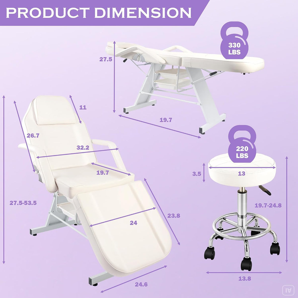 Esthetician Bed Tattoo Chair for Artists w/ 2Tray&Rolling Stool