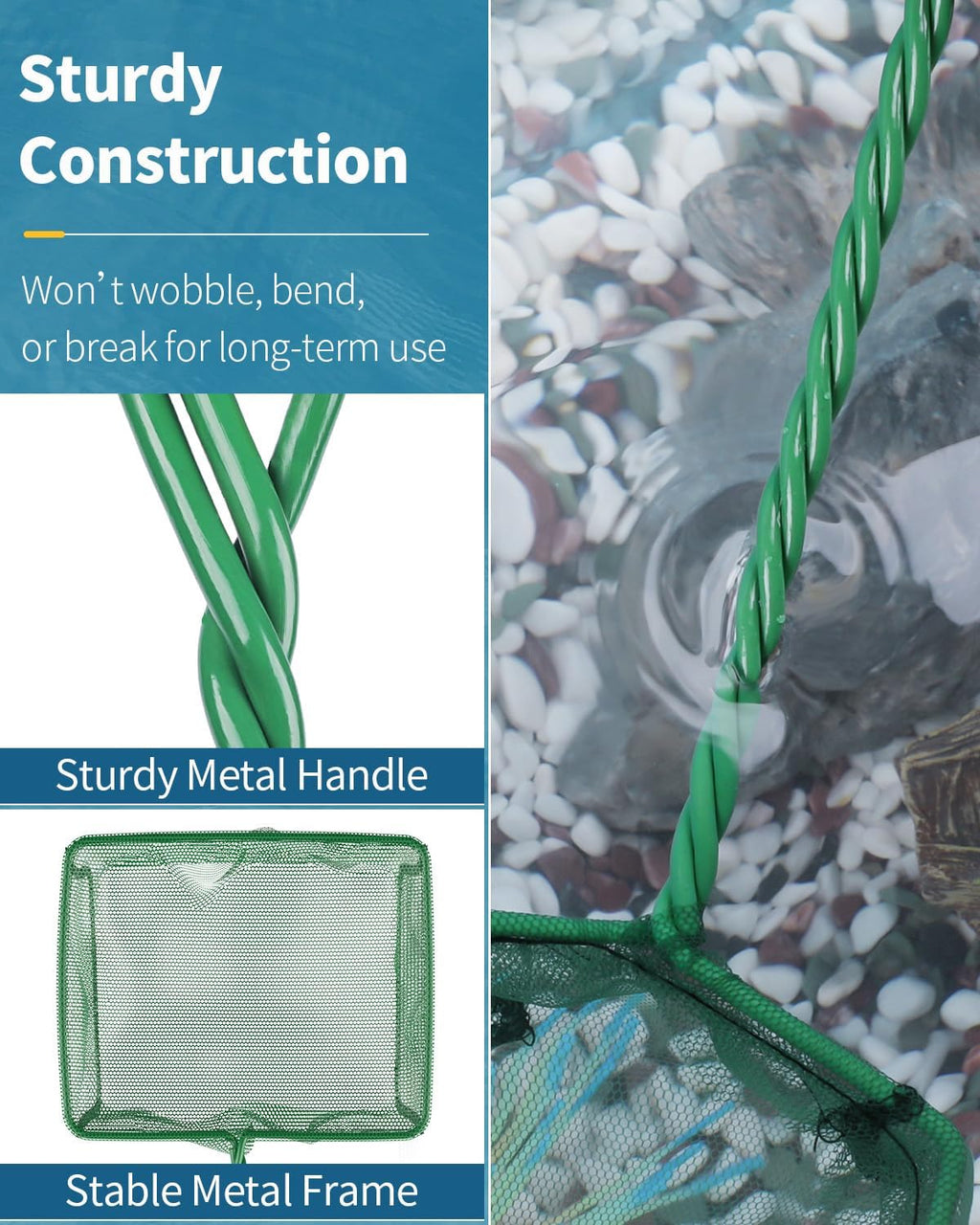 Aquarium Fish Net with Braided Metal Handle Square Net with Soft Fine Mesh Sludge Food Residue Wastes Skimming