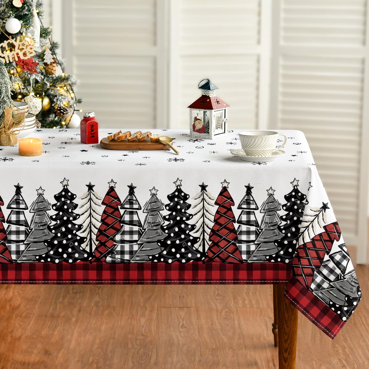 Christmas Tablecloth 60×84 Inch, Christmas Trees Buffalo Plaid Red Washable Table Cover for Party Picnic Dinner Decor