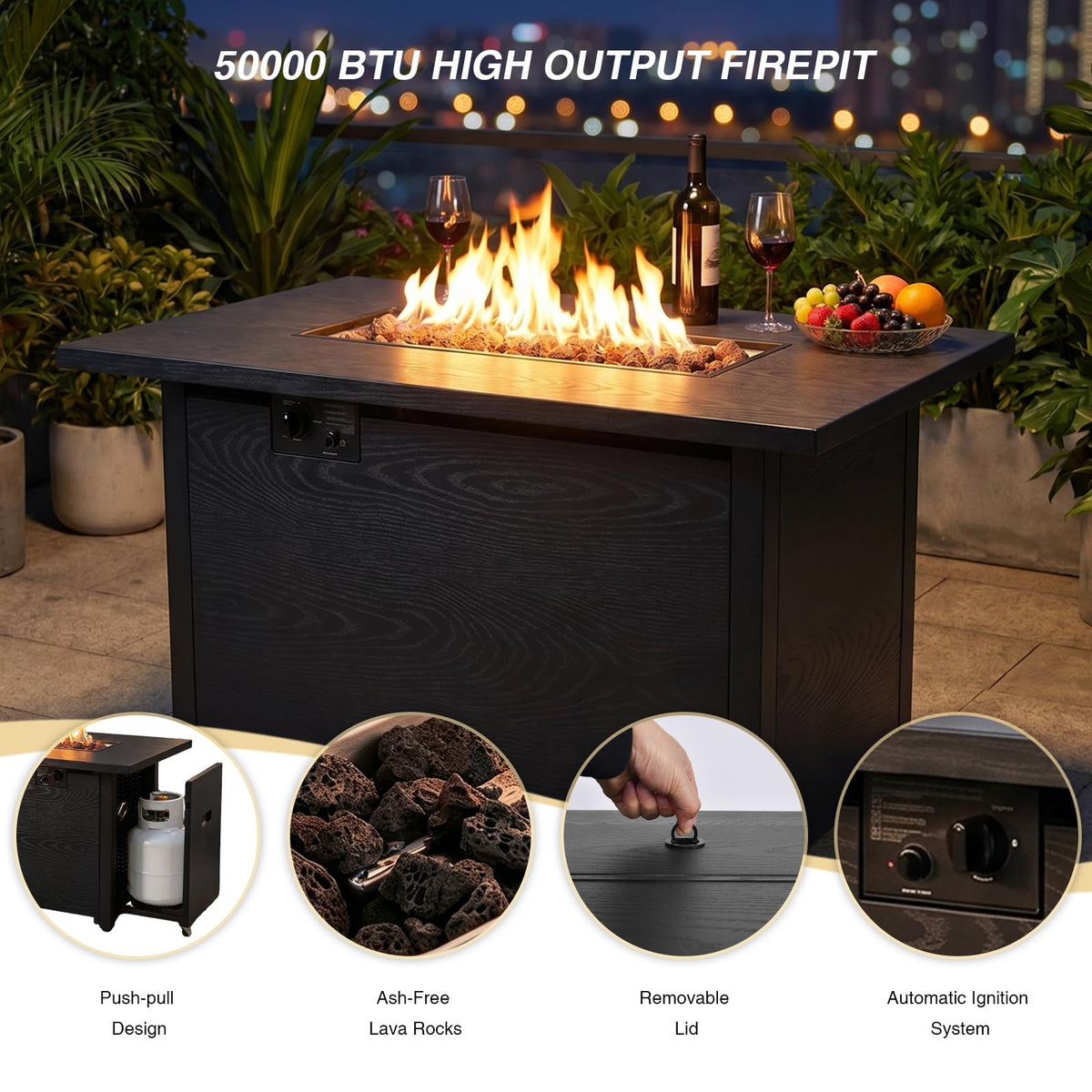 42" Propane Fire Pit Table, 50,000 BTU Outdoor Gas Fire Table with Lid, 2-in-1 Steel Rectangular Firepits for Outside