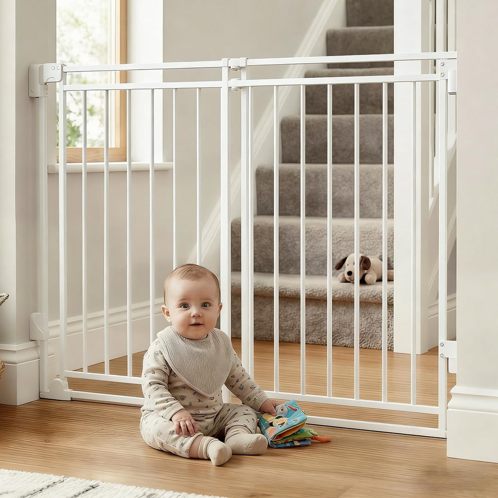 39" H x 26.4-43" W Extra-Tall Adjustable Hardware/Pressure-Mounted Pet & Child Safety Gate with Dual-Lock Walk-Through Swing Door for Stairs, Hallways & Wide Doorways — White
