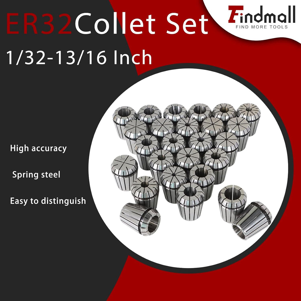 findmall ER32 1/32-13/16 Inch Collet Set 26Pc with 2 Hooks