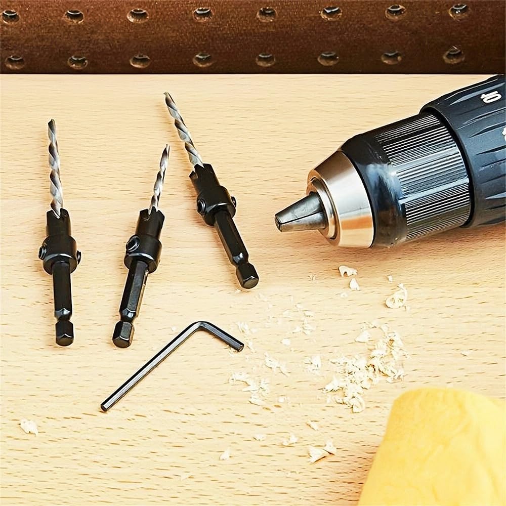 Socoje 5PCS Woodworking Countersink Drill Bits Set, Tapered Drill Bits Countersink HSS Conical Countersink with 1 Hex Wrench Woodworking Countersink Bit