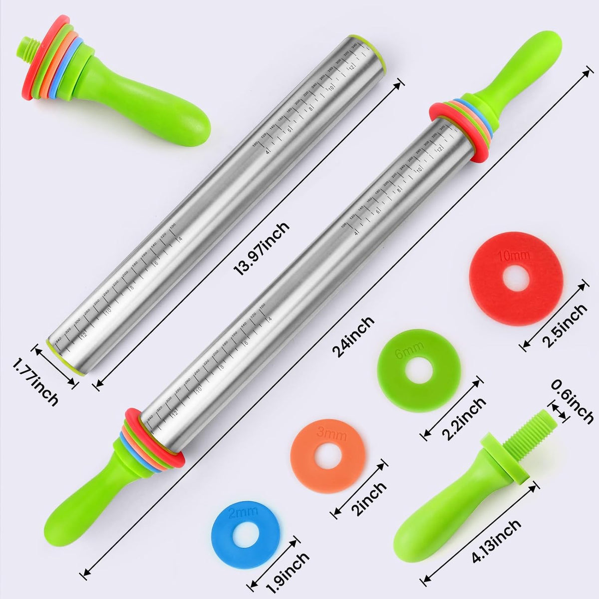 Stainless Steel Dough Roller Pins with Handle for Baking, Adjustable Rolling Pin with Thickness Rings for Cookie