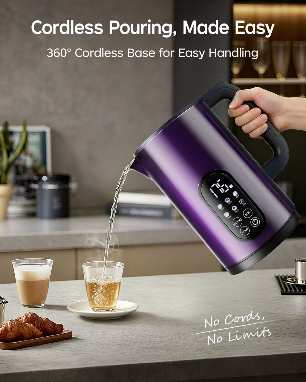 1.7L Stainless Steel Electric Kettle with Temperature Control – Purple | 5 Preset Temperatures for Tea & Boiling