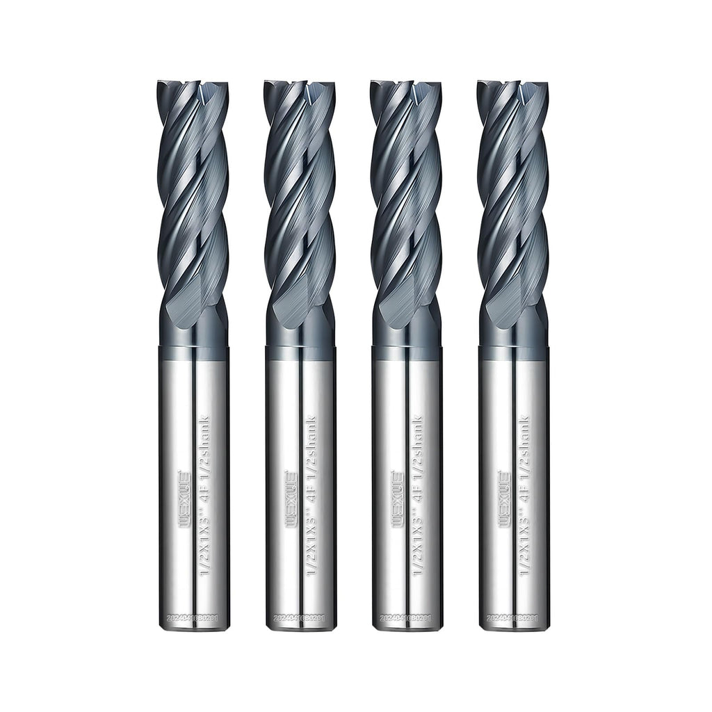 WEXWE Tools Carbide End Mill Square Milling Cutter for Cutting Alloy Steels,Cast Iron, Hardened Steel - 4 Flute Cutting Tools 1/2 Shank (1/2-3.0" 4PCS)