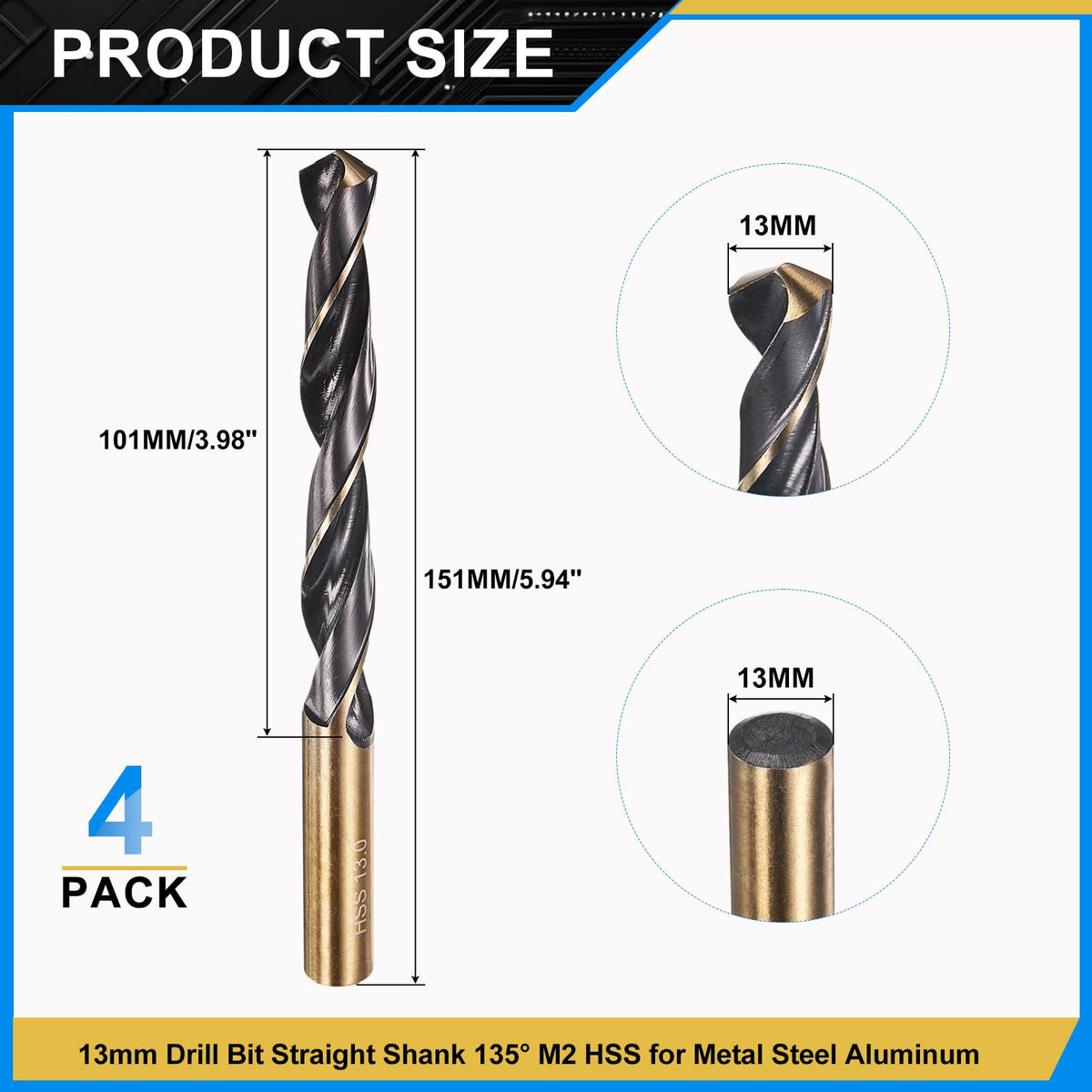 PATIKIL 13mm Drill Bit M2 High-Speed Steel for Hard Metal 4 Pack