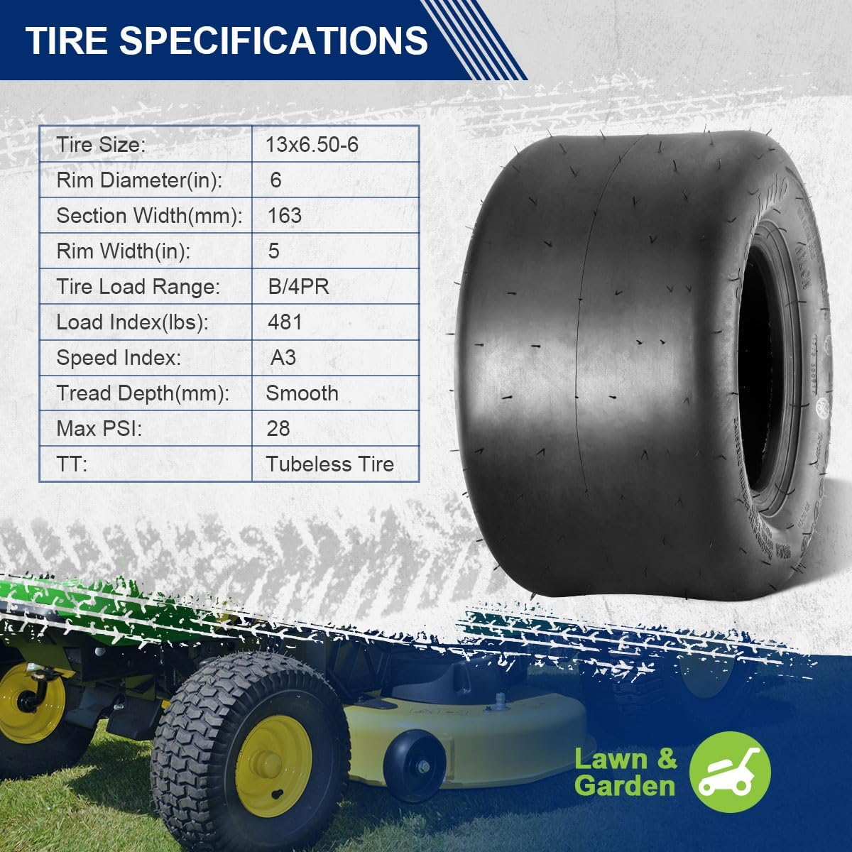 13x6.50-6 Lawn Mower Tires,13x6.50x6nhs Zero Turn Tires,13-6.50-6 Smooth Turf Tires,13x6.5-6 Tires Replacement For