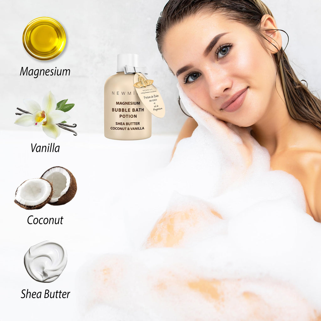 Magnesium Bubble Bath - Long Lasting Foaming Bubbles - Moisturizing - Shea Butter Coconut Vanilla - Relaxing Stress