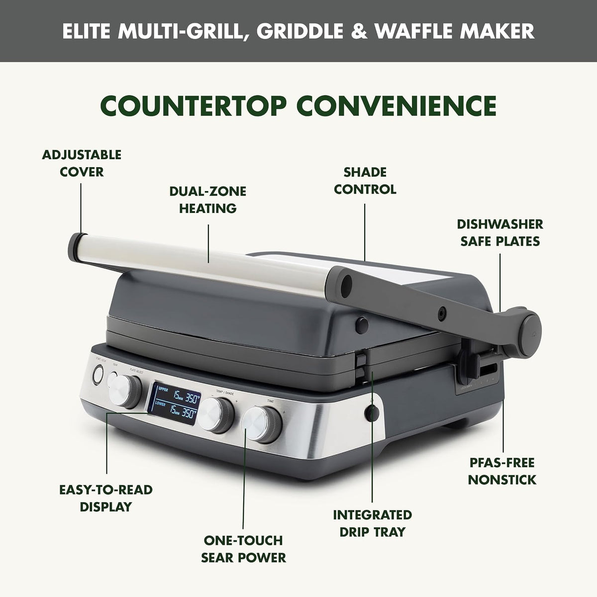 Elite 6-in-1 Multi-Function Contact Grill & Griddle, Healthy Ceramic Nonstick Reversible Plates, Adjustable Shade &