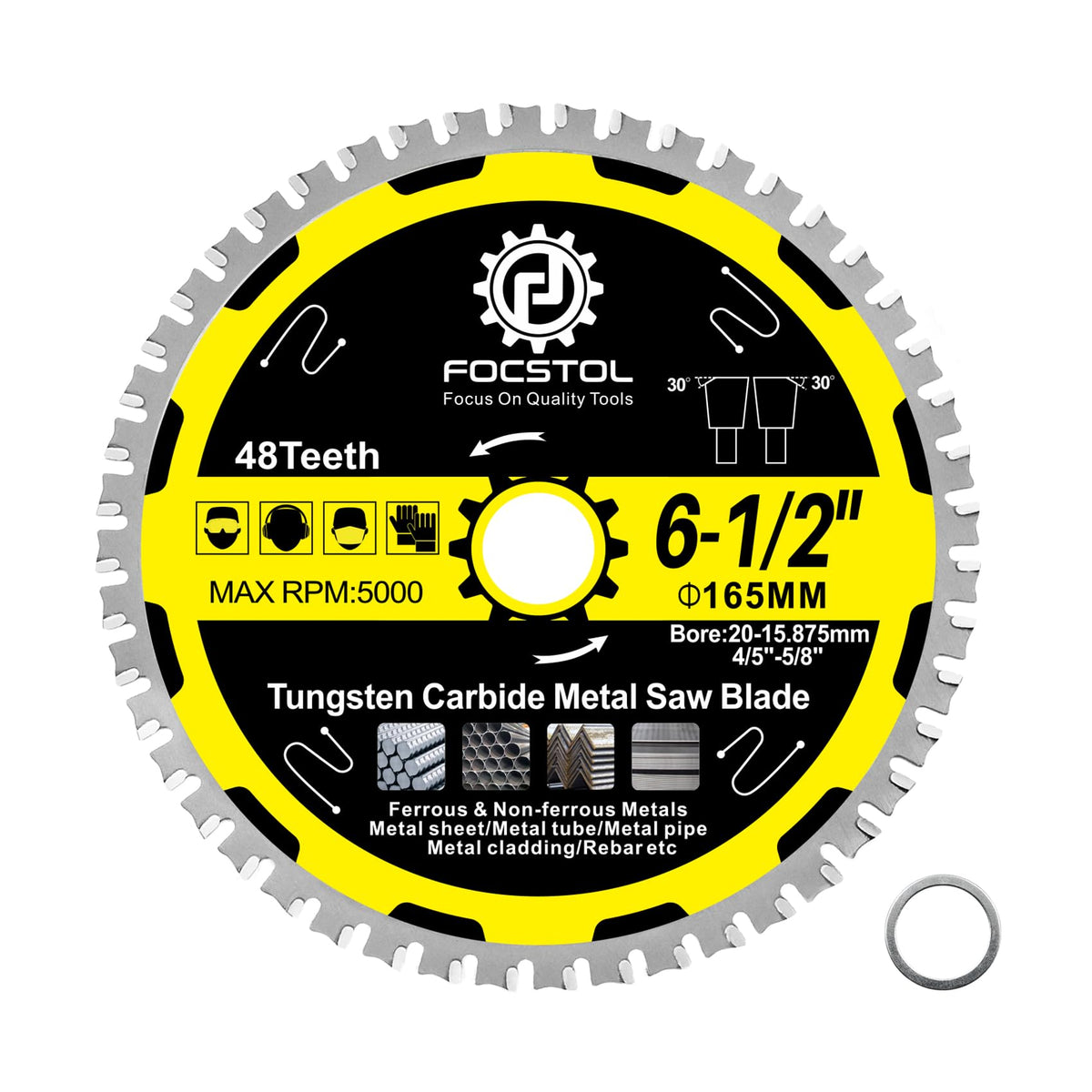 6-1/2 Inch Metal Cutting Circular Saw Blade - FOCSTOL Tungsten Carbide Tipped Saw Blade 48T for Iron Ferrous Metals Steel Pipe Arbor 4/5 Inch x 5/8 Inch
