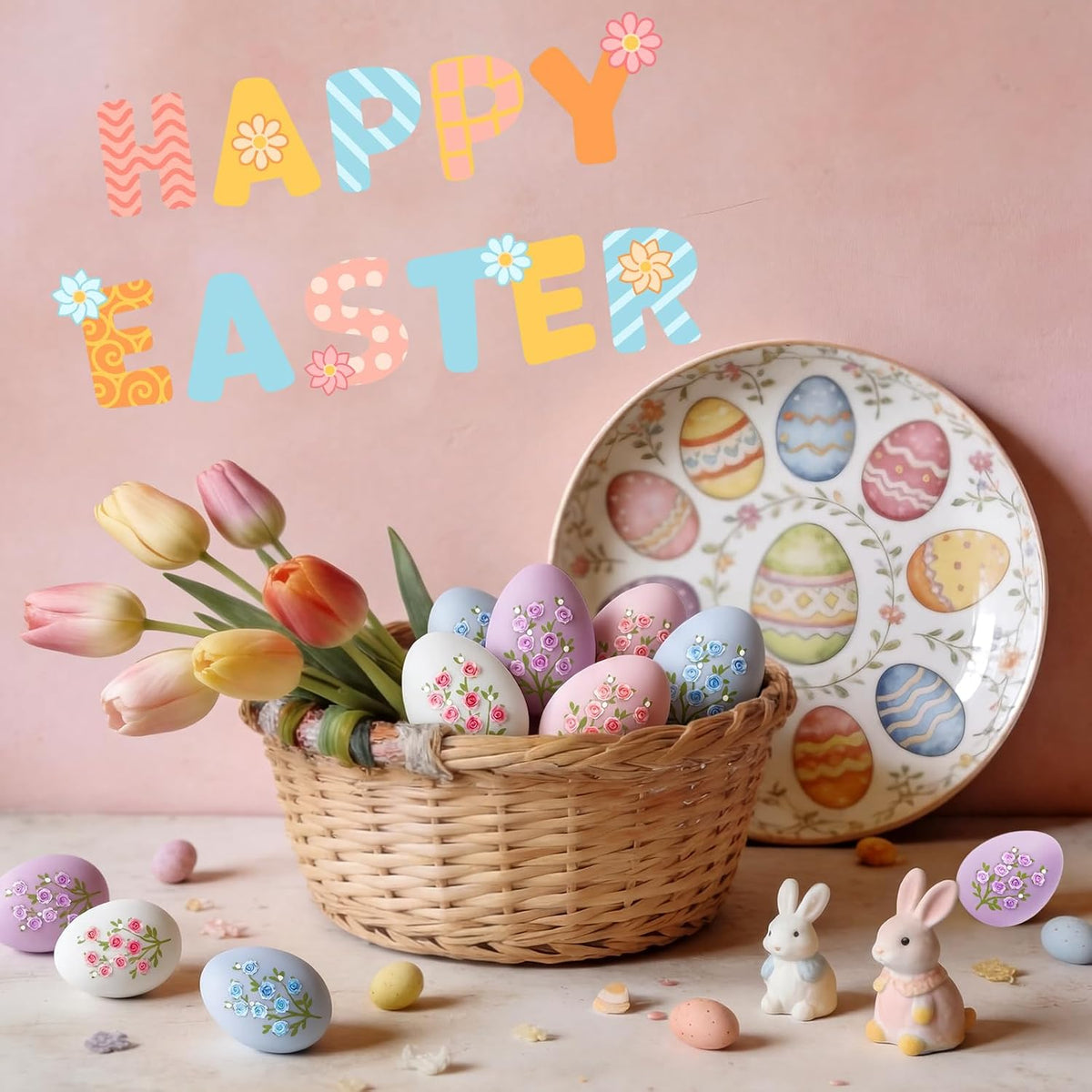 16 Pcs Pastel Easter Eggs Decorations Floral Easter Vase Fillers Plastic Floral Eggs Bowl Vase Fillers Decor Colors