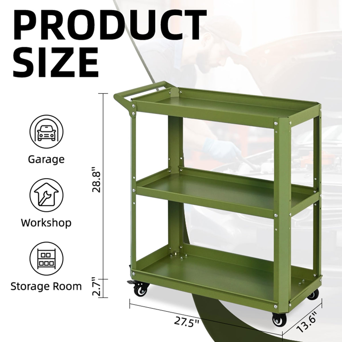 3 Tier Metal Utility Rolling Cart with Wheels, Green