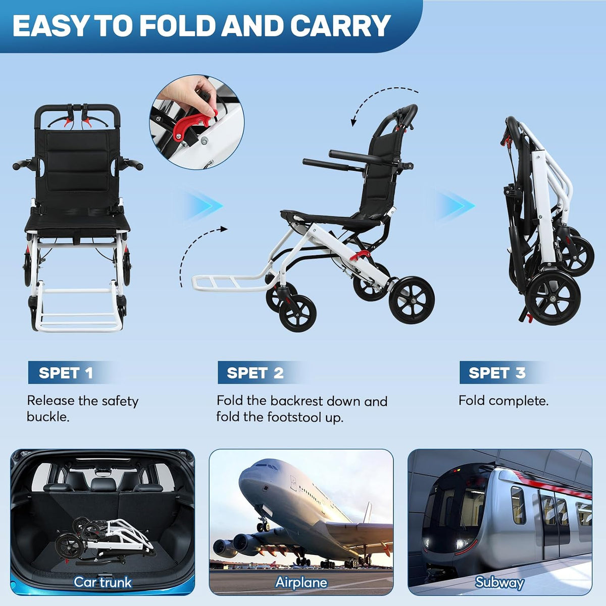 Wheelchairs for Adults, Transport Wheelchair Lightweight Foldable(18.5lbs), 18 Inch Wide-Seat Transport Chair
