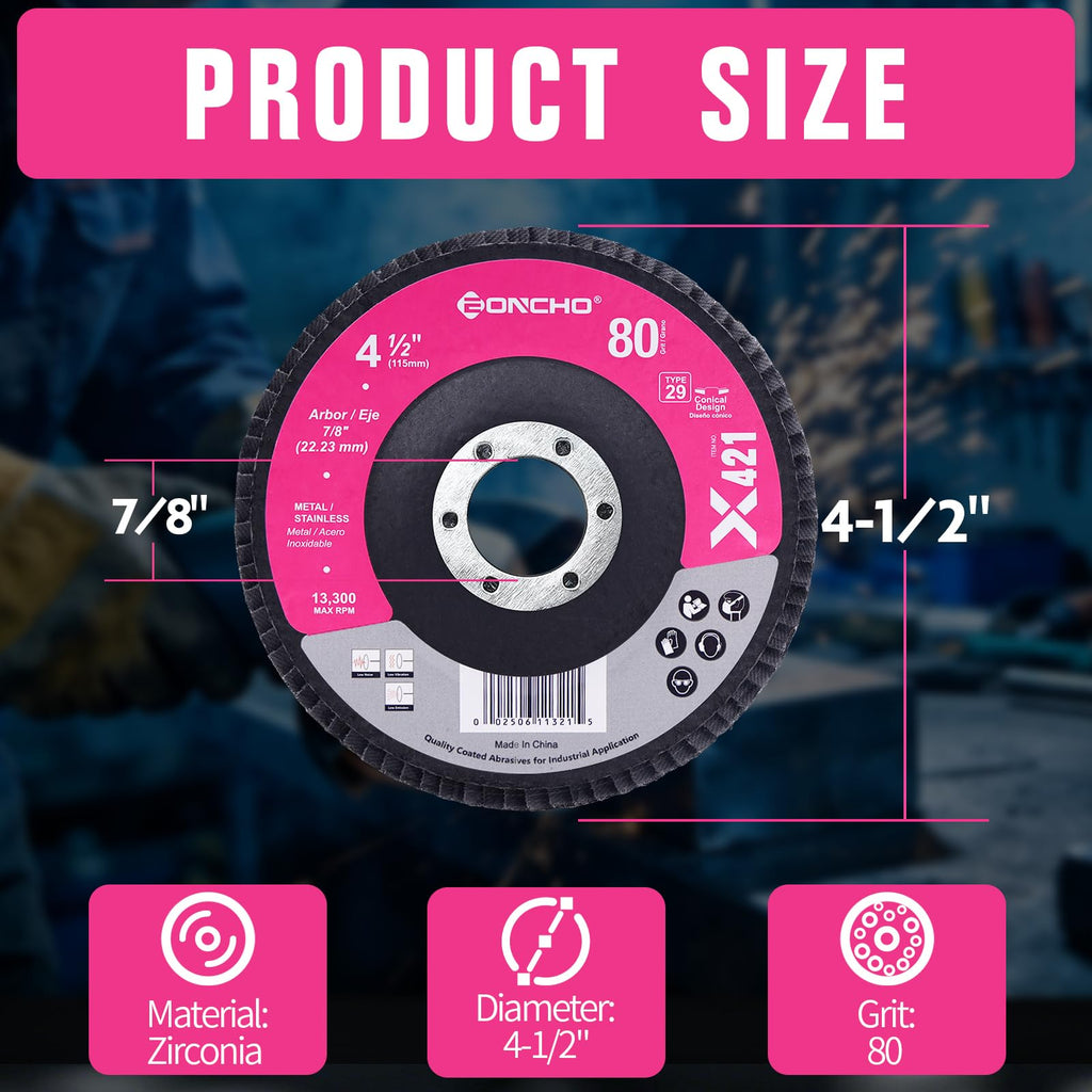 4-1/2" 80 Grit Zirconia Flap Disc, 7/8" Arbor, Type 29 Grinding Wheel for Angle Grinder, Surface Preparation, Weld Blending, Rust Removal & Metal Sanding, 12 Pack