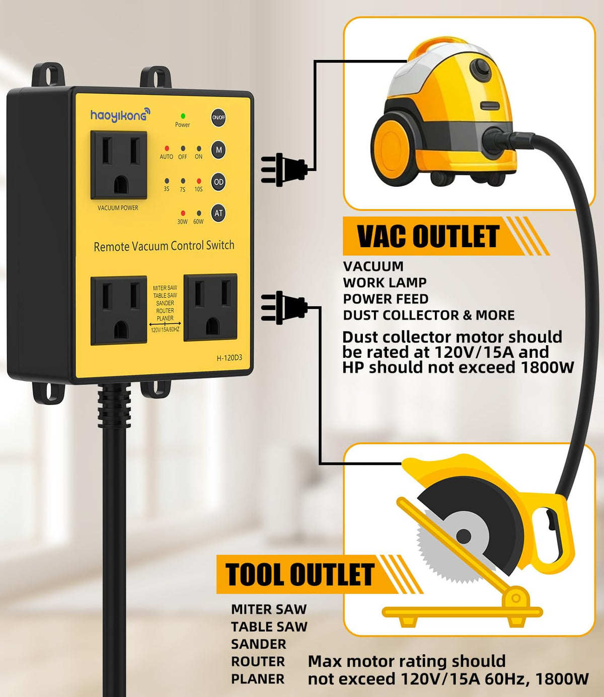 Automatic Vacuum Switch with Remote, 3/7/10s Delay for Various Power Tools