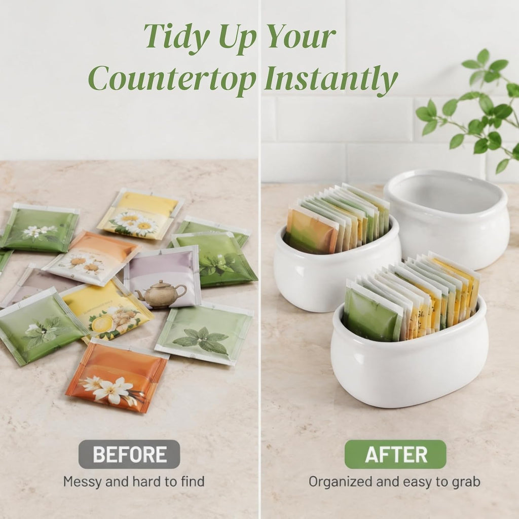 Set of 6 Sugar Packet Holder, Ceramic Sugar Caddy for Sweetener, Classic Restaurant White Tea Bag Organizer Bowl