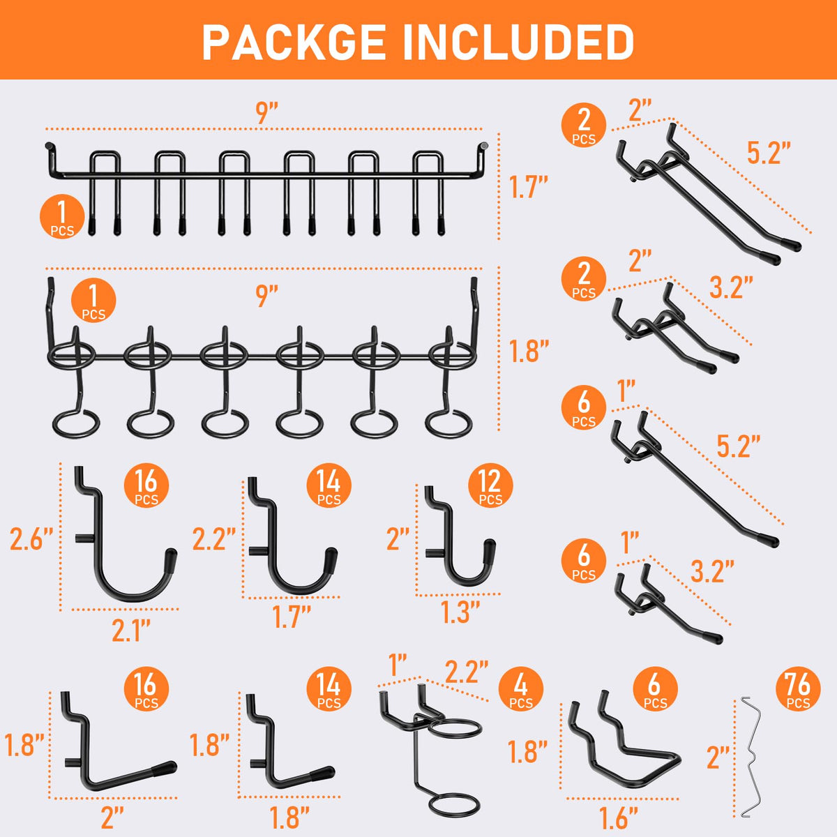 176PCS Black Pegboard Hooks with Peg Locks, 1/4" Heavy Duty Metal