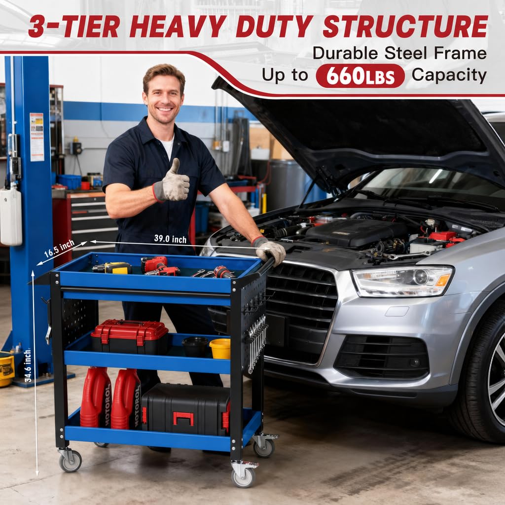 3-Tier Heavy Duty Metal Rolling Tool Cart with Drawers, Blue Black
