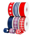 1.5" Patriotic Wired Ribbon, 30 Yards Total - Stars, Stripes & Plaid Red White Blue Fabric Ribbons for 4th of July