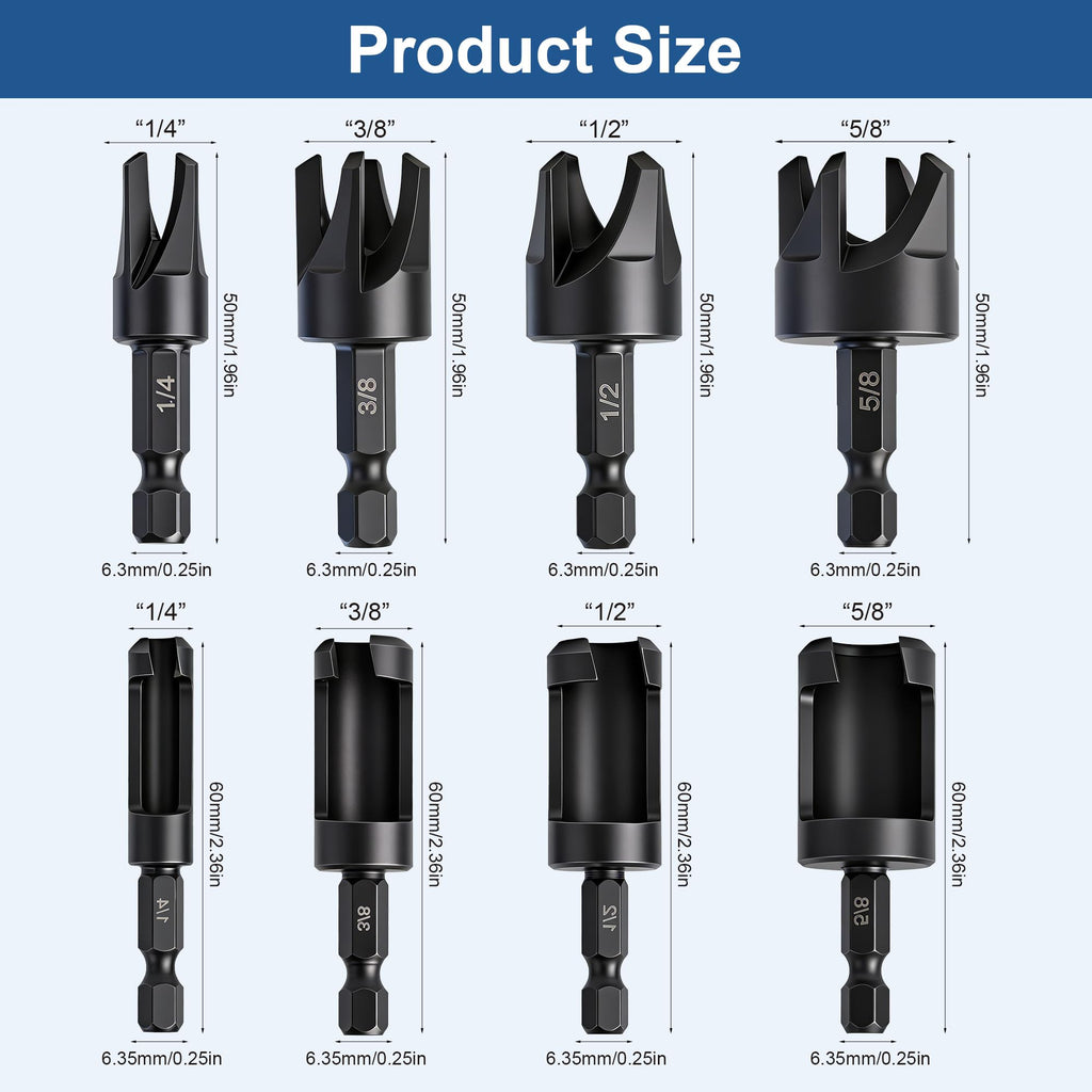 8 Pcs Wood Plug Cutter Set Carbon Steel Straight Tapered