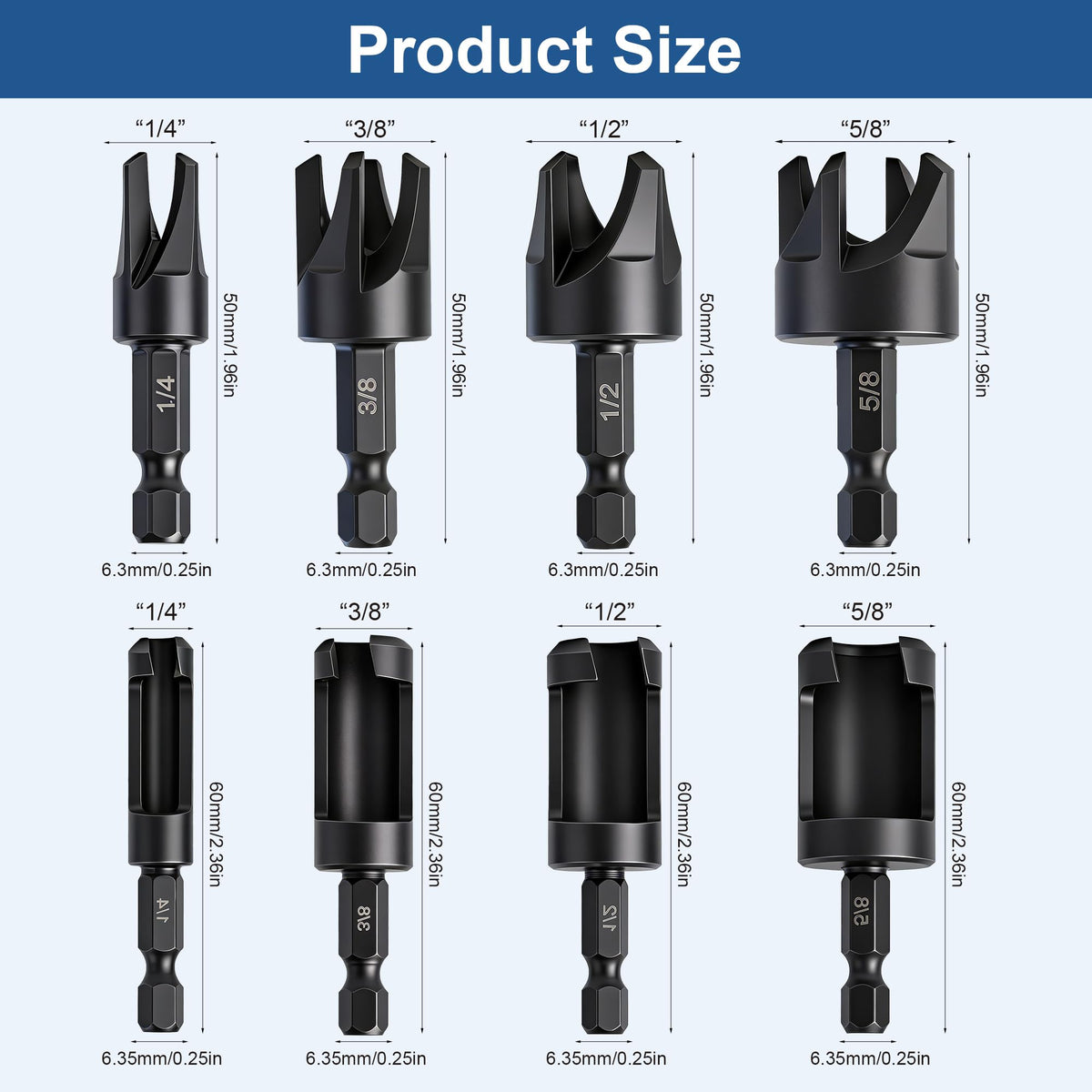 8 Pcs Wood Plug Cutter Set Carbon Steel Straight Tapered