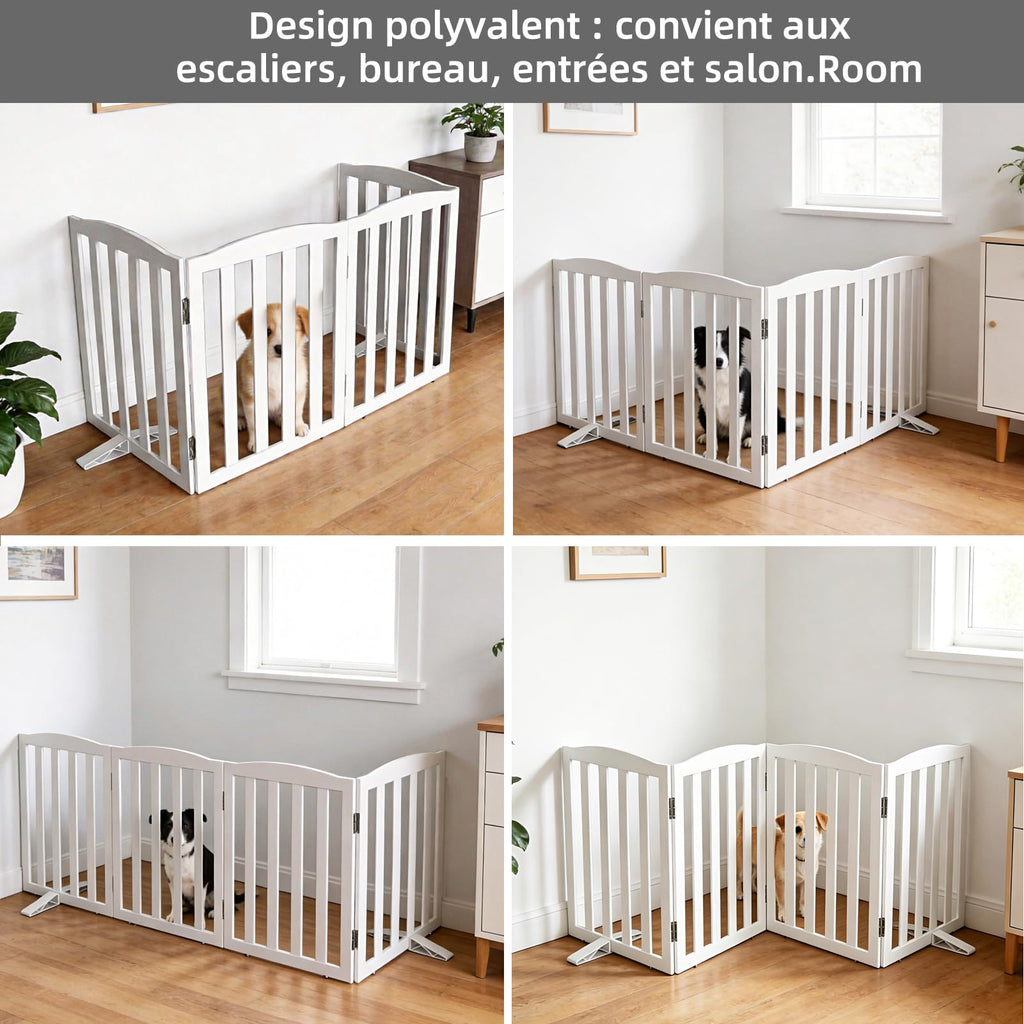Freestanding Solid Wood Folding Pet & Dog Barrier Gate with Support Feet for Wide Indoor Openings, Hallways & Stairs — White