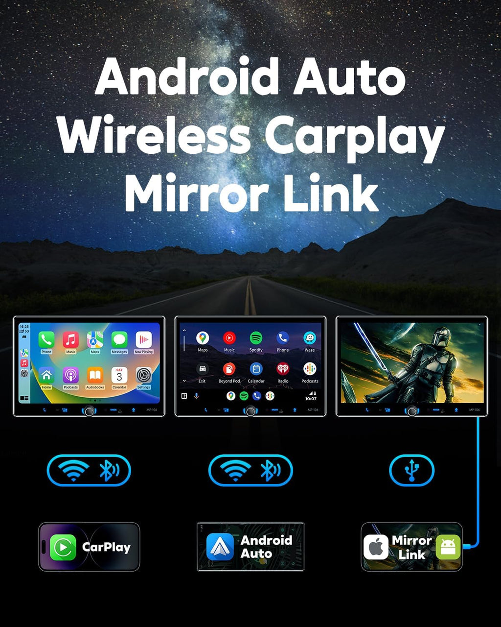 Single Din Car Stereo Wireless Apple Carplay Android Auto Radio, 10.1" Car Play Touch Screen, Bluetooth 5.3 Car Audio