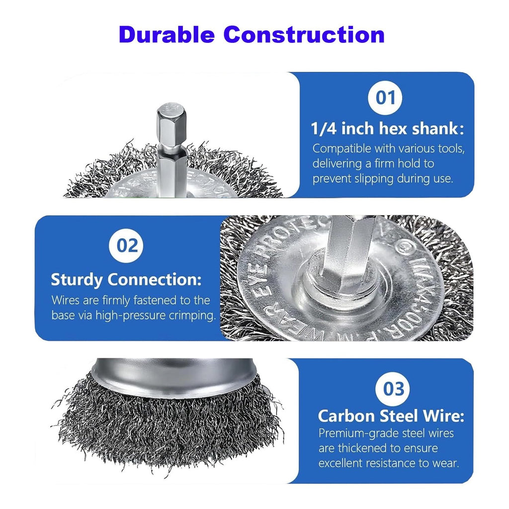 VASTOOLS 15pcs Wire Brushes Set, Carbon Steel Cup/Wheel/Pen Brushes for 1/4" Hex Shank Drill Attachments,Stainless Steel Hand Brushes,for Rust Removal,Paint Stripping and Cleaning