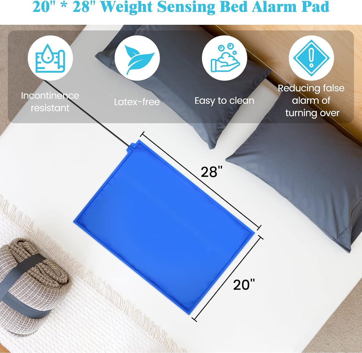 Bed Alarms and Fall Prevention for Elderly with 20'' * 28'' Weight Sensing Bed Pad (Wireless Alarm Included)
