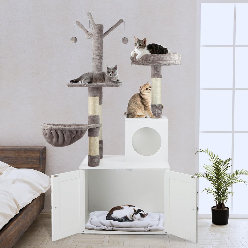 Cat Tree Tower with Litter Box Enclosure, 2-in-1 Wooden Cat Condo