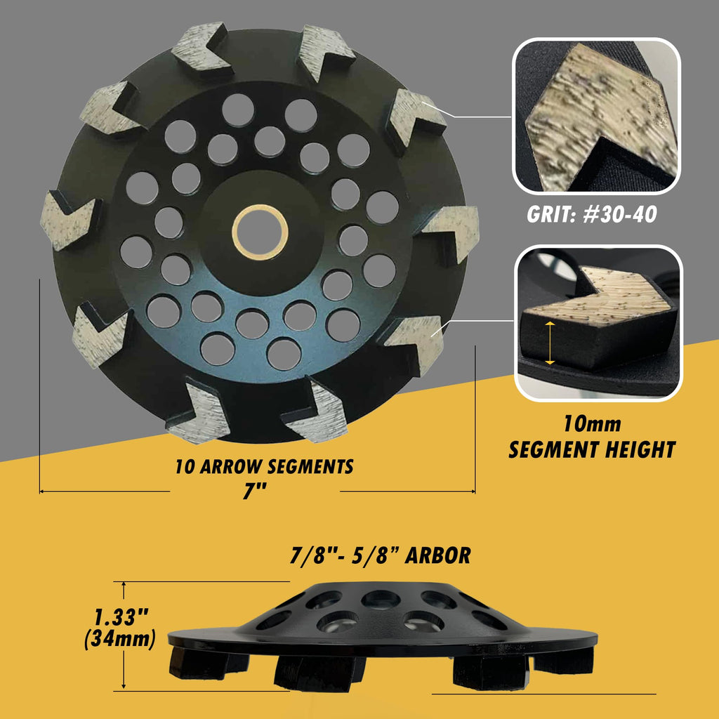 7" Diamond Grinding Wheel 10 Arrow Seg for Concrete & Coating 7/8"-5/8"