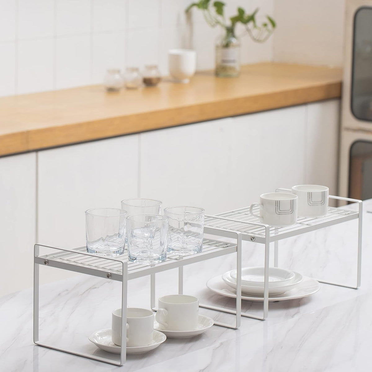 2 Pack Kitchen Cabinet Shelf Counter Organizer Rack Pantry Storage Bathroom Bedroom Office Table Desk Space Saving