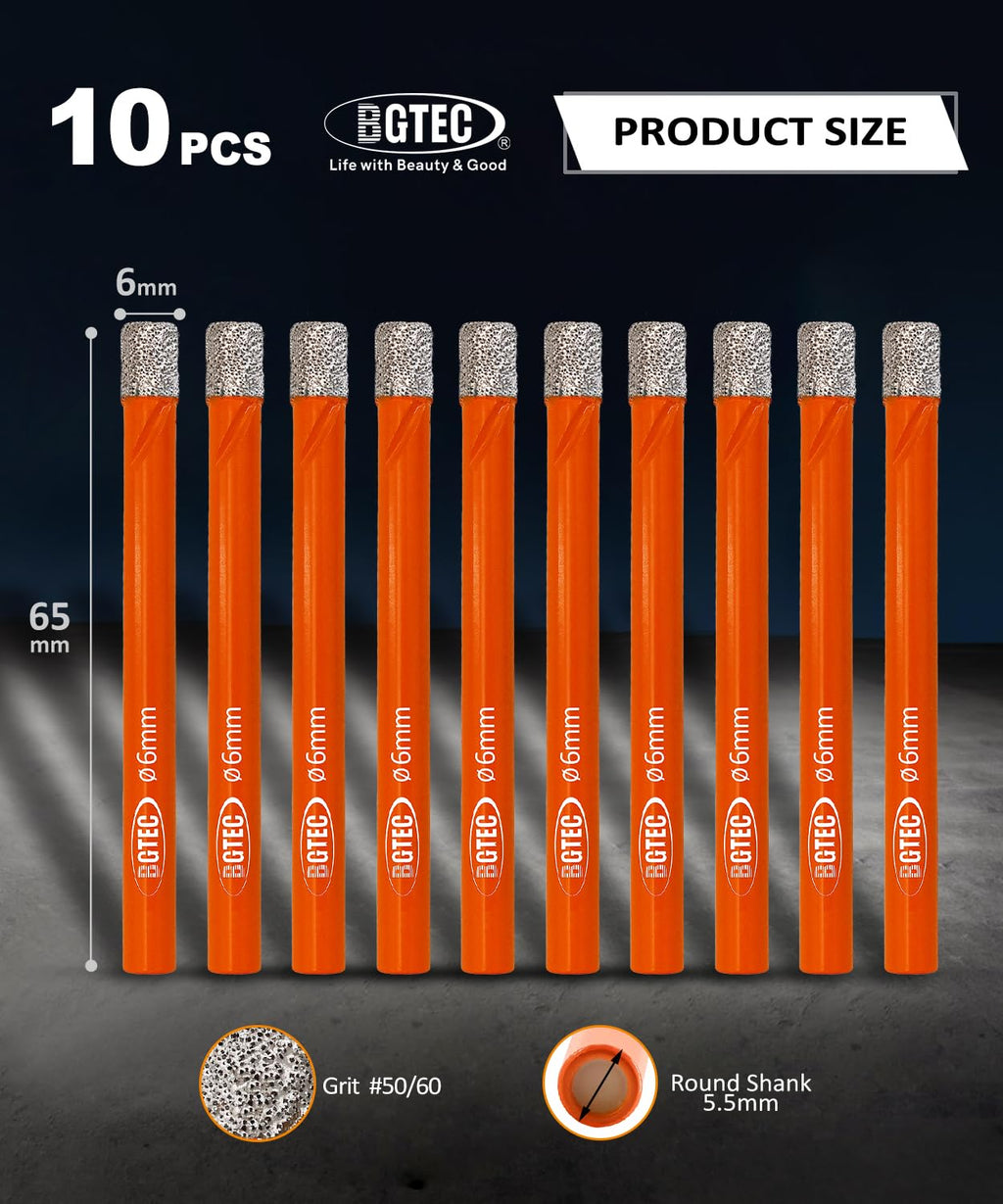 BGTEC Dry Diamond Drill Bit Set,10pcs 1/4" 6mm Tile Bits Hole Saw