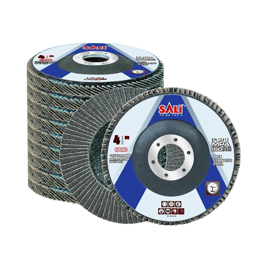 Sali 12 Pack Flap Disc 80 Grit 4.5" x 7/8-Inch Sanding Disc Bevel Type #29 Premium and Industrial Grade Angle Grinder Grinding Wheel High Performance Edge Grinding