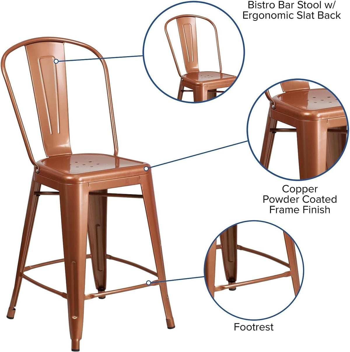 Carly Commercial Grade 24" High Copper Metal Indoor-Outdoor Counter Height Stool with Back