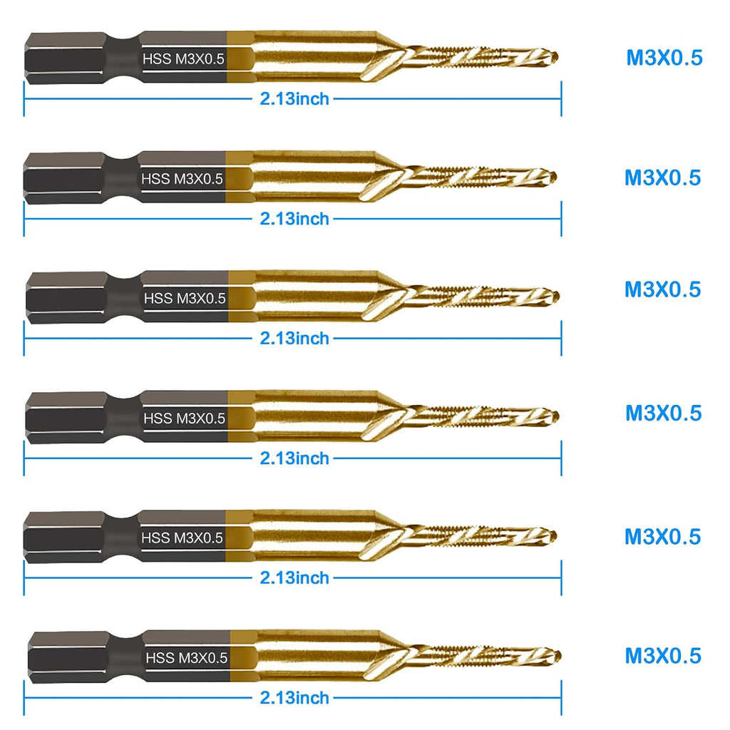 DKIBBITH 6-pc Metric M3 Combination Drill Tap Bit Set, M3*0.5 Thread Size, Titanium Coated High-Speed Steel, Ideal for Drilling and Threading in Soft Metal Wood and Plastic,1/4" Hex Shank