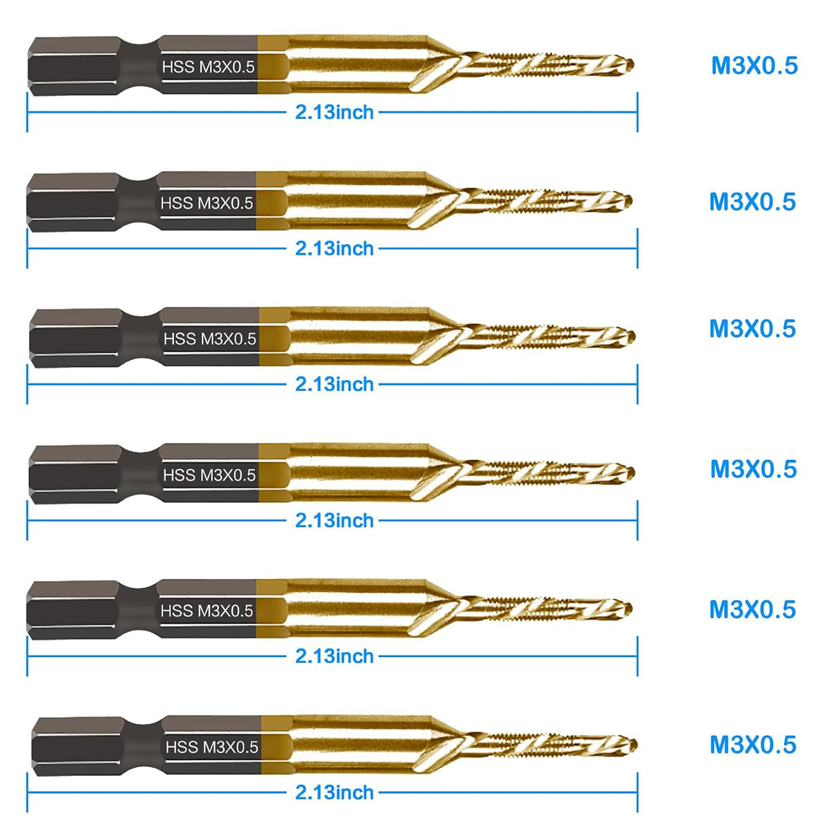 DKIBBITH 6-pc Metric M3 Combination Drill Tap Bit Set, M3*0.5 Thread Size, Titanium Coated High-Speed Steel, Ideal for Drilling and Threading in Soft Metal Wood and Plastic,1/4" Hex Shank