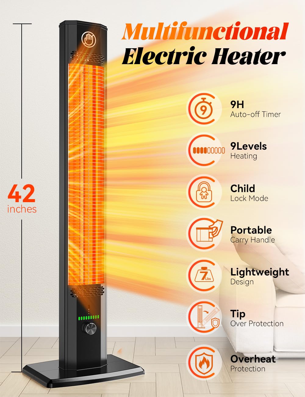 42 Inch Outdoor Heaters for Patio Electric, 9 Heat Levels, 1500W